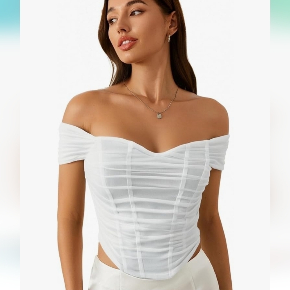 FLOERNS Off Shoulder Corset Mesh Asymmetrical Ruched Crop Top.White.M NWT